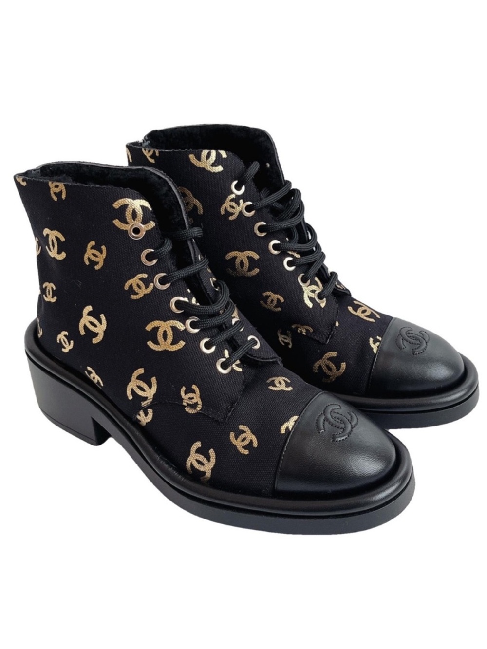 CHANEL CC logo lace up ankle boots